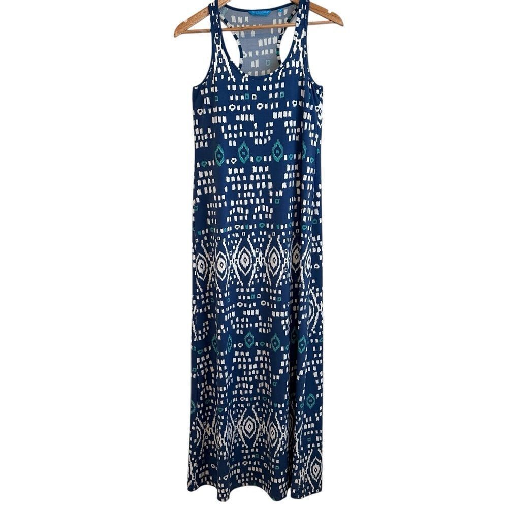 Tori Richard Honolulu Tank Maxi Dress Blue White Scoop Neck Sleeveless Size S